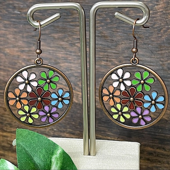Hand Crafted Jewelry - FLORAL CLUSTER BOHO MULTICOLOR BOHO enamel medallion DANGLING EARRINGS retro